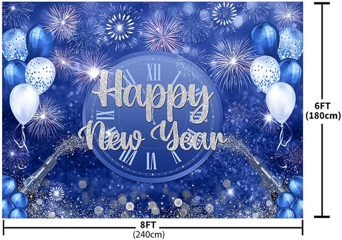 MEHOFOND 8x6ft Happy New Year Backdrop Blue 2026 New Year Eve Party Decorations Banner Supplies Shining Champagne Balloons Firework Photography Background New Years Eve Photo Studio Props
