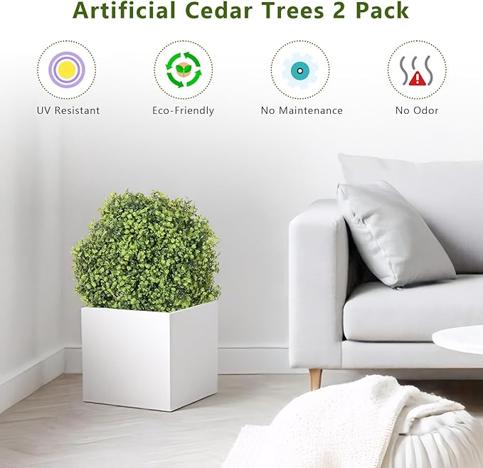 THE BLOOM TIMES 2ft Faux Boxwood Plants Outdoor Set of 2, 24" UV-Resistant Artificial Topiary Ball Trees, Fake Potted Greenery for Front Porch Planter, Patio Outside Decor