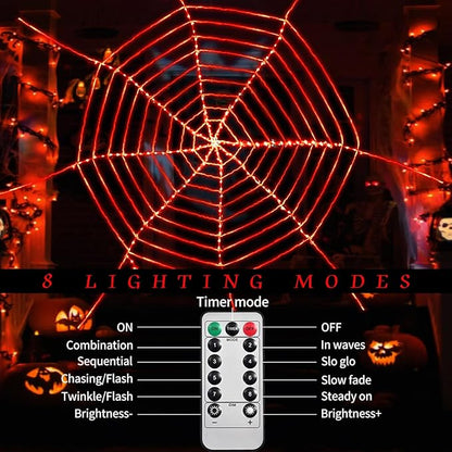 144 LED Round Halloween Spider Web Lights Decoration, 3.6 m Giant Net Light Fairy Lights with Remote Control Light Net Decoration Outdoor Indoor - Red