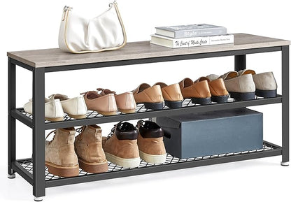 VASAGLE, 3-Tier Shoe Rack, Shelf Storage Bench with Metal Mesh Shelves and Seat, Free Standing Shoe Organizer for Entryway, 11.8 x 39.4 x 17.7 Inches, Greige and Black ULBS078K01
