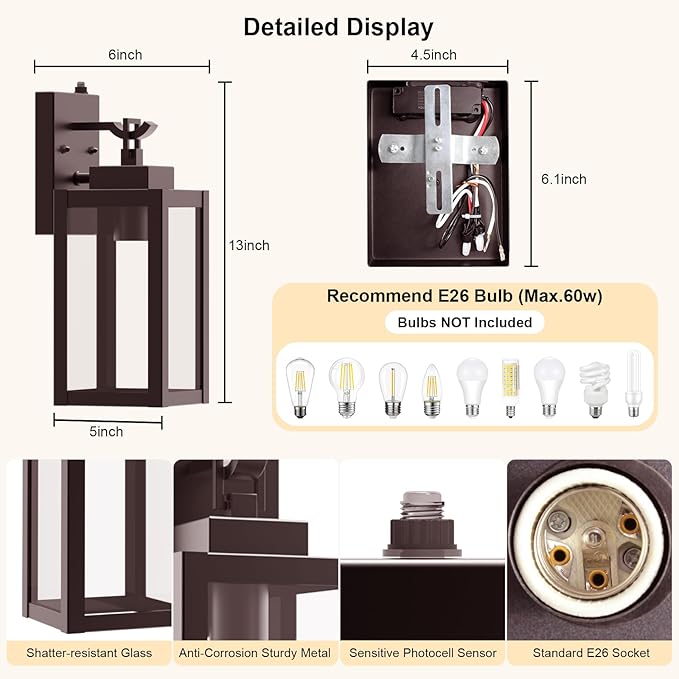 2-Pack Dusk to Dawn Porch Light, Farmhouse Brown Outdoor Lights Wall Mount, Waterproof Anti-Rust Wall Sconces for House, Yard, Entryway, Garage, 100-120Vac