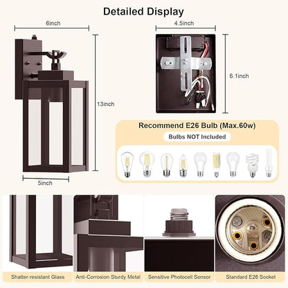 2-Pack Dusk to Dawn Porch Light, Farmhouse Brown Outdoor Lights Wall Mount, Waterproof Anti-Rust Wall Sconces for House, Yard, Entryway, Garage, 100-120Vac