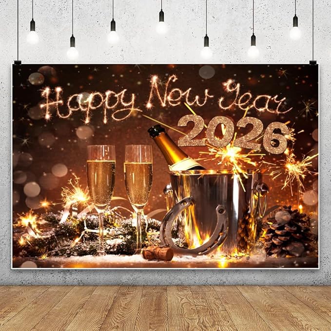 AOFOTO 15x10ft Happy New Year 2026 Backdrop Champagne Wine Beer Gold Sparklers Fireworks Bokeh Light Spot New Year's Eve Backdrop Banner Carnival Celebration Background Party Decorations Props