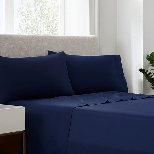 Serta Simply Clean Super Soft Hypoallergenic Stain Resistant Deep Pocket 3 Pieces Solid Bed Sheet Set, Twin XL, Navy
