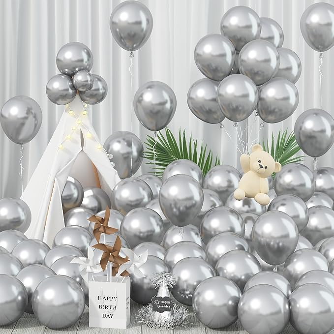 Metallic Balloons - 12 Inch, 100 Pack, Chrome Silver, Shiny Silver Latex Balloons for Birthday, Graduation, Anniversary, Wedding, Party Decorations