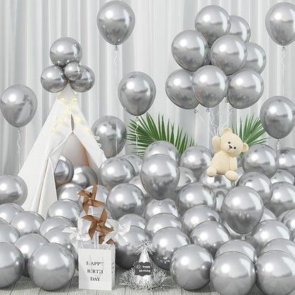 Metallic Balloons - 12 Inch, 100 Pack, Chrome Silver, Shiny Silver Latex Balloons for Birthday, Graduation, Anniversary, Wedding, Party Decorations