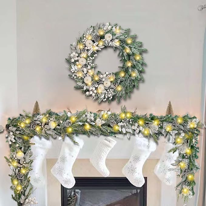 WANNA-CUL Pre-Lit 30 Inch Large Christmas Wreath for Front Door with 50 Led Lights,Silver White Lighted Christmas Door Wreath Decor with White Apples and Berries, Battery Operated