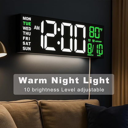 TrophyRak 16" Large Digital Wall Mount Clock, Count Down Timer, Alarm, Big LED, RGB Color, DST, Temperature for Living Room Classroom Desk, Wall, Xmas, Birthday Gift for Senior Mom Dad, White Green