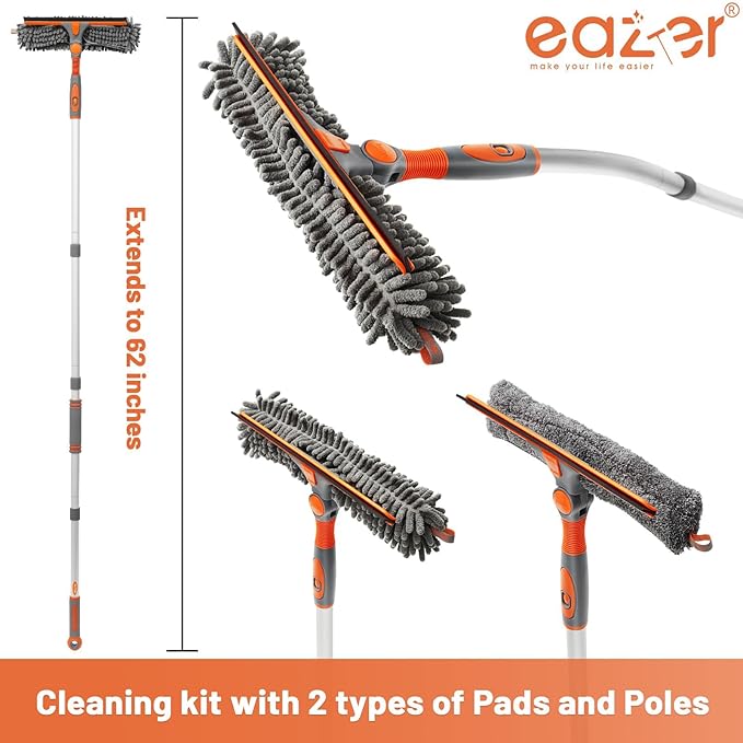 Eazer Squeegee Window Cleaner 2 in 1 Rotatable Window Cleaning Tool Kit with Elbow/Straight Extension Pole, 62‘’ Window Washing Equipment with Bendable Head for Indoor/Outdoor Car Glass