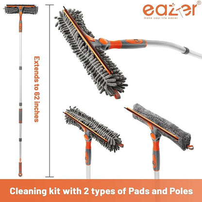 Eazer Squeegee Window Cleaner 2 in 1 Rotatable Window Cleaning Tool Kit with Elbow/Straight Extension Pole, 62‘’ Window Washing Equipment with Bendable Head for Indoor/Outdoor Car Glass