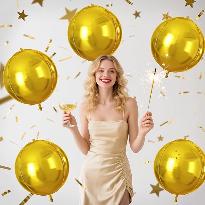 Gold Round Foil Balloons 9 pcs,Metallic Gold Giant 4D Round Balloons 22 Inch for Wedding Graduation Anniversary Baby Shower Birthday Party Decorations