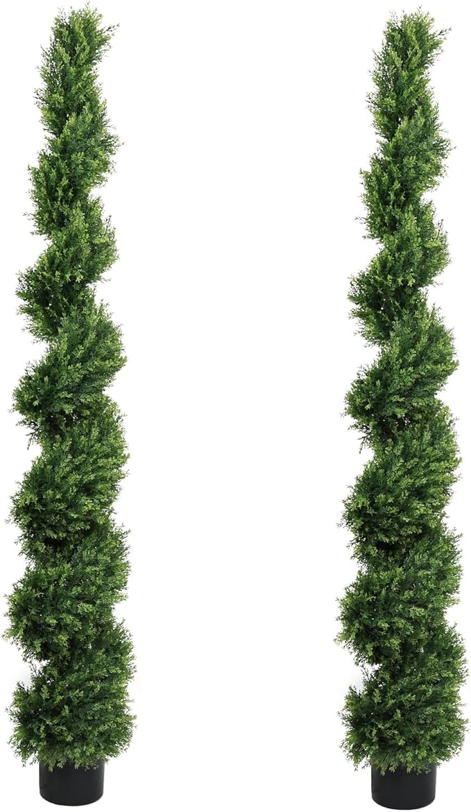 THE BLOOM TIMES 6ft Spiral Artificial Topiary Trees Set of 2, 71 inch Faux Cedar Trees for Outdoor Planters - Fake Twist Cypress Plants for Garden Front Porch Indoor Outside Christmas Decor 6 Foot