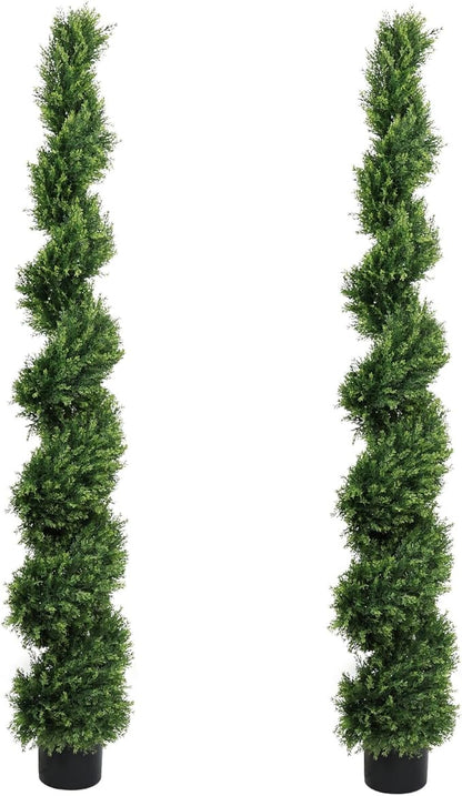 THE BLOOM TIMES 6ft Spiral Artificial Topiary Trees Set of 2, 71 inch Faux Cedar Trees for Outdoor Planters - Fake Twist Cypress Plants for Garden Front Porch Indoor Outside Christmas Decor 6 Foot