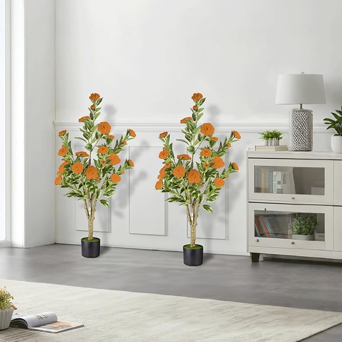 3Ft Artificial Camellia Tree 2pack, Orange Silk Flowers Faux Plant for Indoor Outdoor Home Decor, Realistic Potted Greenery for Office Porch Living Room