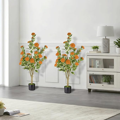 3Ft Artificial Camellia Tree 2pack, Orange Silk Flowers Faux Plant for Indoor Outdoor Home Decor, Realistic Potted Greenery for Office Porch Living Room