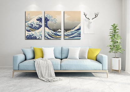 The Great Wave off Kanagawa (Triptych), Katsushika Hoki Wall Art Decor, Classic Painting Abstract Seascape Canvas Print Pictures, Modern Japanese Artwork for Living Room Decoration - 12"x24"x3 Pcs