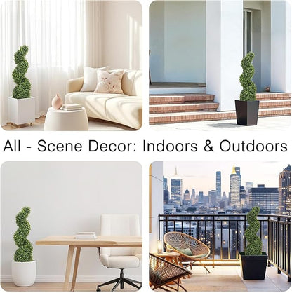 THE BLOOM TIMES 3ft Tall Spiral Topiary Trees Artificial Outdoor Set of 2, 36 Inch UV Resistant Large Faux Evergreen Fake Boxwood Plants for Front Porch Outside Planter Entryway Entrance Decor 3 Foot