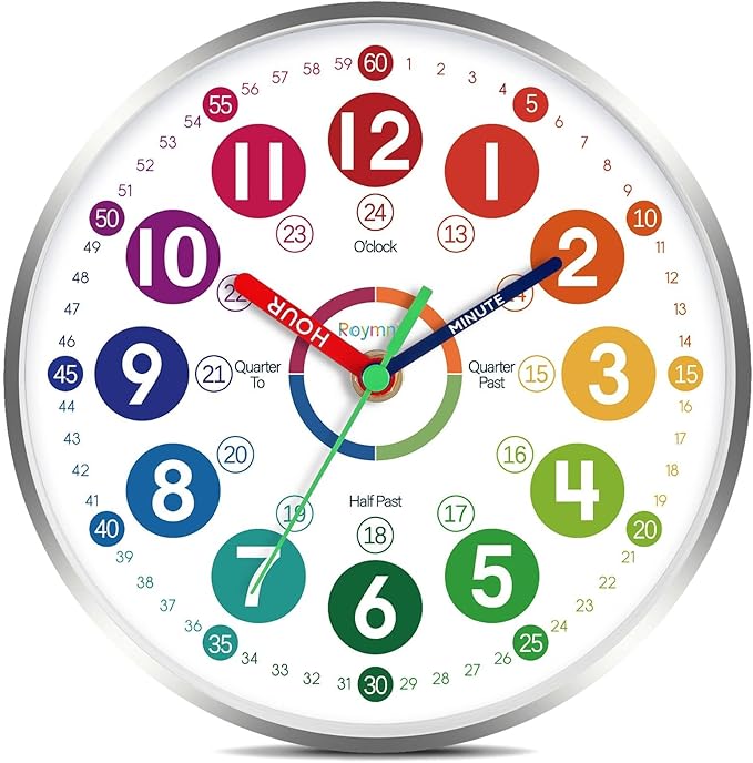 Wall Clock for Kids Learning - Teaching Time Wall Clocks Battery Operated Silent Non Ticking - Analog Colorful Clock Decorative for Kids Room Classroom School(8 Inch&Silver)