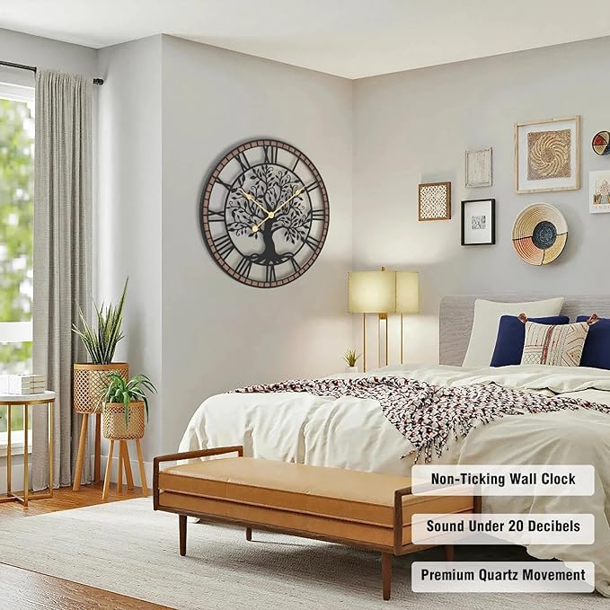 Micasso Non-Ticking Oversize Wall Clock: 35Inch Tree of Life Metal with Solid Wood Frame - Silent Battery Operated Clock for Bedroom/Fireplace/High-Ceiling - Home Decor for Interior Designers
