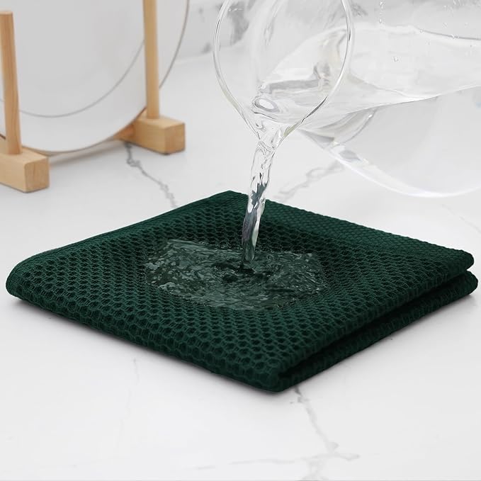 Kitinjoy 100% Cotton Kitchen Dish Cloths, 12 Pack Waffle Weave Ultra Soft Absorbent Dish Towels for Drying Dishes Quick Drying Kitchen Towels Dish Rags, 12 X 12 Inches, Blackish Green