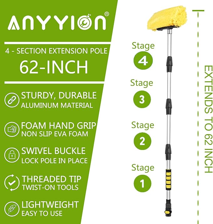 Anyyion 62inch Car Wash Brush with 10 Inch Soft Bristle, On/Off Switch for Car Truck Boat Washing Brush, Perfect for Cleaning House Siding, Auto Cars, Trucks, SUV, RV, Floors and More!