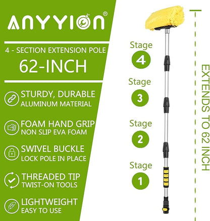 Anyyion 62inch Car Wash Brush with 10 Inch Soft Bristle, On/Off Switch for Car Truck Boat Washing Brush, Perfect for Cleaning House Siding, Auto Cars, Trucks, SUV, RV, Floors and More!