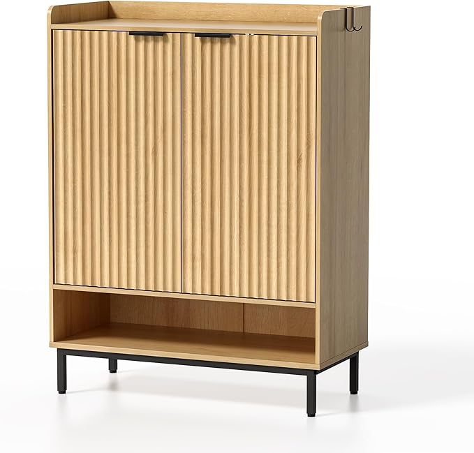 Large Shoe Cabinet with Doors Set of 2, Fluted Wooden Storage with Adjustable Shelves, Hanging Rod Modern Tall Freestanding Shoe Rack Organizer for Entryway, Hallway Natural Oak