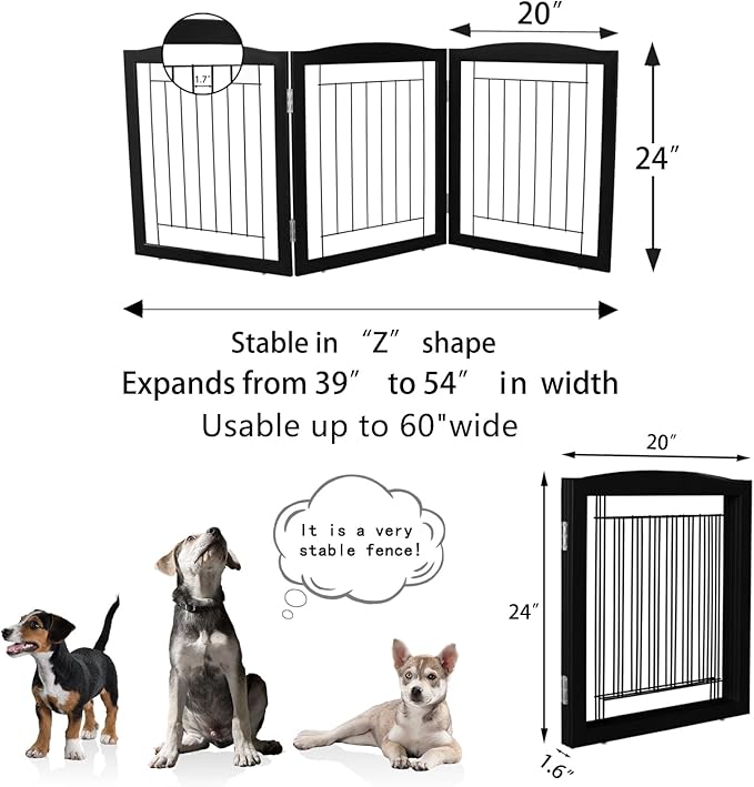 ZJSF Freestanding Foldable Dog Gate for House Extra Wide Wooden Black Indoor Puppy Gate Stairs Doorways Pet Gate Tall Dog Fence 3 Panels Fence
