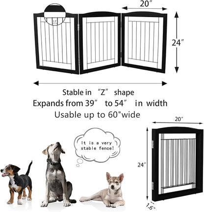 ZJSF Freestanding Foldable Dog Gate for House Extra Wide Wooden Black Indoor Puppy Gate Stairs Doorways Pet Gate Tall Dog Fence 3 Panels Fence