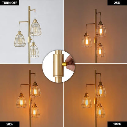 9MMML Gold Dimmable Floor Lamp,Industrial Farmhouse Tall Standing Floor Lamp for Living Room, Bedroom, Corner,Office,Gold 3 Teardrop Cage Lampshade,68”Height,3 LED Bulb Included