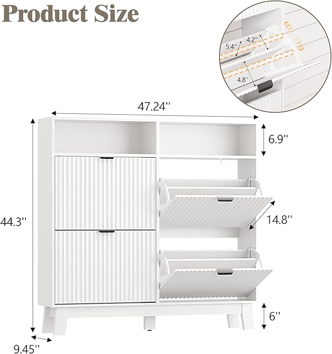 Shoe Cabinet Storage for Entryway with 4 Flip Drawers, Fluted Narrow Shoe Organizer with Wooden Legs & Top Cubby, Freestanding Slim Shoe Storage Hidden Shoe Rack for Front Door Entrance, White