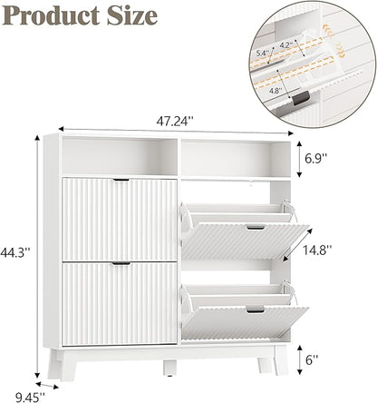 Shoe Cabinet Storage for Entryway with 4 Flip Drawers, Fluted Narrow Shoe Organizer with Wooden Legs & Top Cubby, Freestanding Slim Shoe Storage Hidden Shoe Rack for Front Door Entrance, White