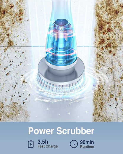 LABIGO Electric Spin Scrubber, Cordless Cleaning Brush Scrubber with 4 Replaceable Brush Heads and Adjustable Extension Handle, IPX7 Waterproof Power Cleaning Brush for Bathroom Tub Floor Tile Shower
