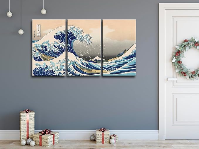 The Great Wave off Kanagawa (Triptych), Katsushika Hoki Wall Art Decor, Classic Painting Abstract Seascape Canvas Print Pictures, Modern Japanese Artwork for Living Room Decoration - 12"x24"x3 Pcs