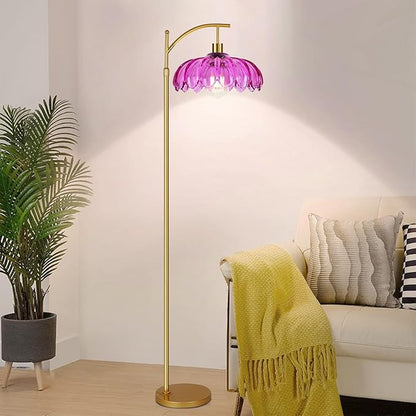 Floor Lamp for Living Room,Bedroom,Gold Dimmable Standing Lamp with Remote,Mid Century Modern Brass Tall Lamp Retro Vintage Purple Glass Lamp Floor Light Boho Bohemian
