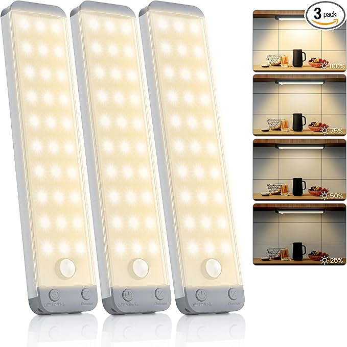3-Pack Under Cabinet Lights, 8.3" 150LM Motion Sensor LED, USB-C 1500mAh Rechargeable, 3000K Warm White Dimmable for Kitchen Closet