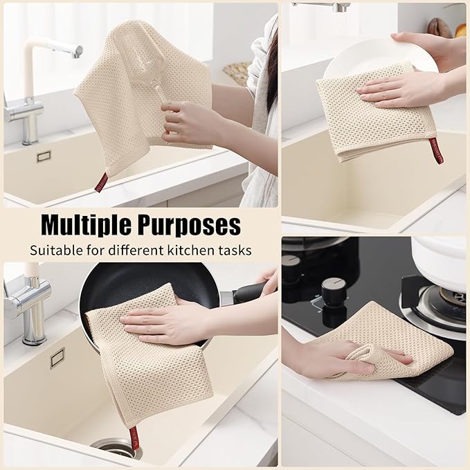 Kitinjoy 100% Cotton Kitchen Towels and Dishcloths Set, 12 Pack Waffle Weave Dish Towels Ultra Soft Absorbent Quick Drying Dish Rags, 13 x 28 Inch and 12 X 12 Inch, Beige