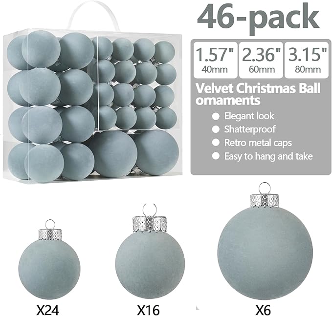 Velvet Christmas Ball Ornaments Set-46pcs Flocked Shatterproof Christmas Tree Decorations Plastic Xmas Decorative Hanging Ornaments for Xmas Holiday Home Decor,3 Sizes(Gray Blue)