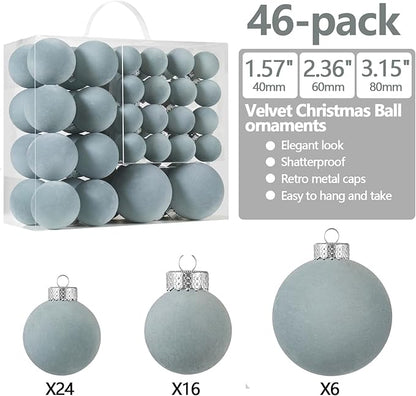 Velvet Christmas Ball Ornaments Set-46pcs Flocked Shatterproof Christmas Tree Decorations Plastic Xmas Decorative Hanging Ornaments for Xmas Holiday Home Decor,3 Sizes(Gray Blue)
