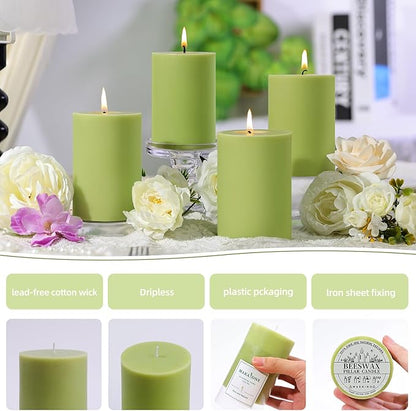 4 Pack Sage & White Tea Scented Pillar Candles,Natural Soy Wax Pillar Candles-2.8x4In,60H Long Lasting Burning Fragrance Candles for Home,Spa,Stress Relief & Wedding,Dinner Table(Sage Green)