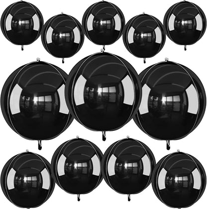 12Pcs Black Round Foil Balloons, 22" 15" 10" Metallic Black 4D Ball Balloons for Birthday Graduation Christmas New Year Eve Halloween Party Backdrop Decorations