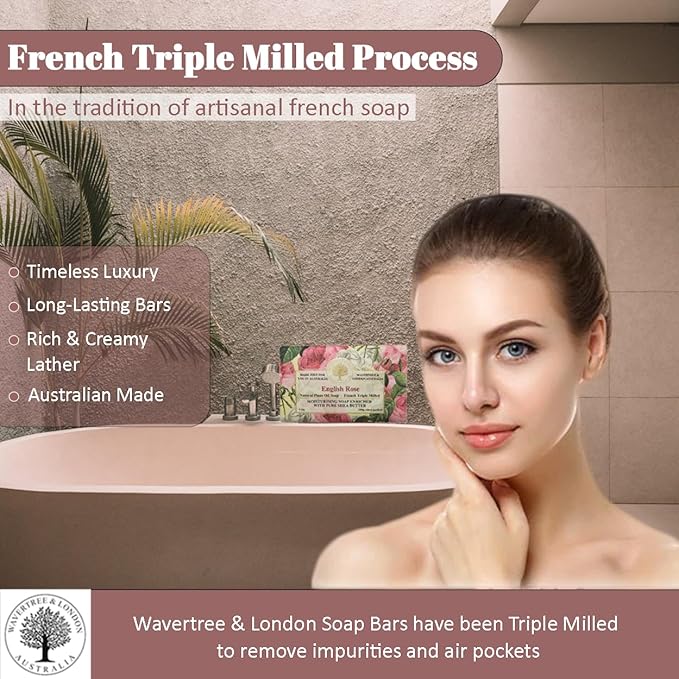 Wavertree & London English Rose Scented Natural Soap Bars for Women & Men (2 x 7oz) – Moisturizing Triple-Milled Soap Bars Enriched with Shea Butter – Plant-Based Bath & Body Bar for All Skin Types