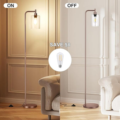 Floor Lamps for Living Room - Industrial Standing Lamp with Glass Shade, Modern Floor Lamp with LED Bulbs, Farmhouse Floor Lamp for Bedroom, Tall Lamp for Office - Brown