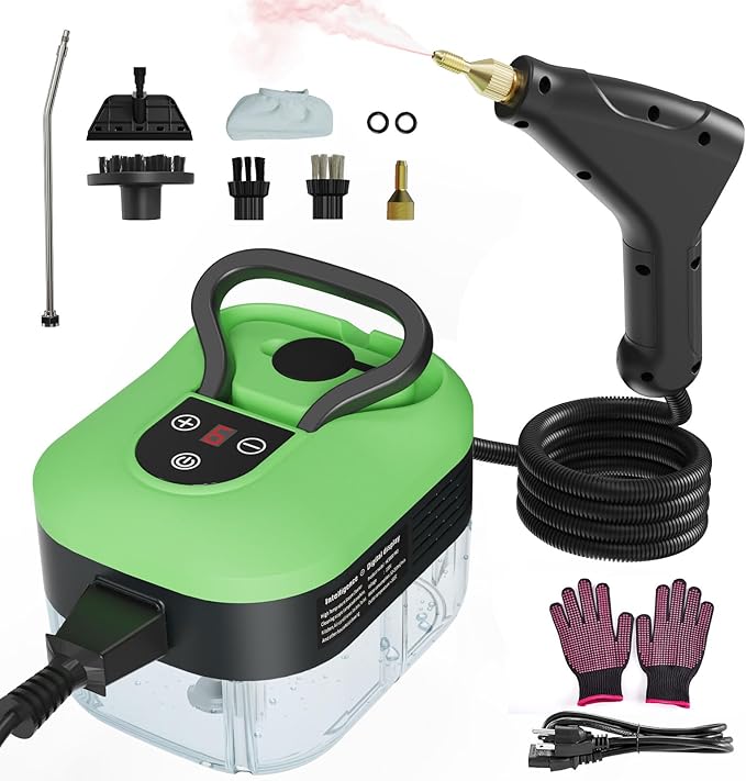 Steam Cleaner, Handheld Steam Cleaner for Home Car Furniture Bathroom, 2500W High Pressure Steam Cleaner, 1.2L Water Capacity, 6 Adjustable Speeds, 4 Brush Heads, Steamer for Cleaning (Green)