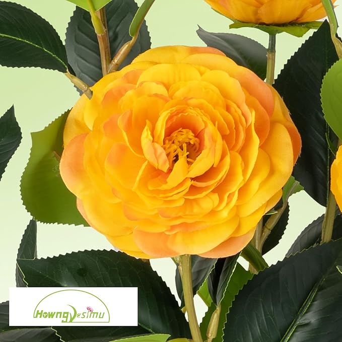 2 Pack Artificial Camellia Tree with White Pot, 24" Faux Potted Plants for Indoor Outdoor Decor, Tall Silk Greenery Plant for Home Office Living Room Balcony, Orange