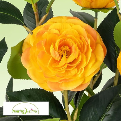 2 Pack Artificial Camellia Tree with White Pot, 24" Faux Potted Plants for Indoor Outdoor Decor, Tall Silk Greenery Plant for Home Office Living Room Balcony, Orange