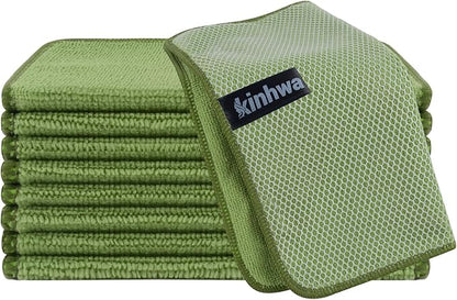 KinHwa Kitchen Washcloths for Dishes Absorbent Microfiber Dish Cloths Quick Dry Dish Rags with Poly Scour Scrub Side Ideal for Kitchen Cleaning (Green, 12inchx12inch 9 Pack)