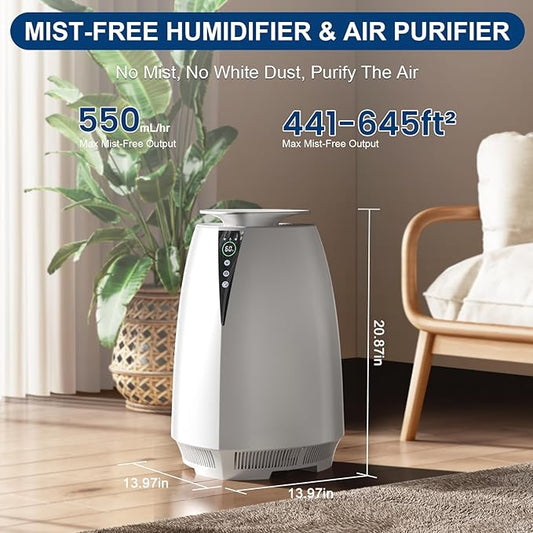 Humidifiers for Bedroom Large Room, 5L No Mist Humidifier for Baby Plants Quiet Top-Fill Air Purifiers Air Cleaner, Tap Water Use, Last 12-Hour, Remote & LED Touch Control & APP Control