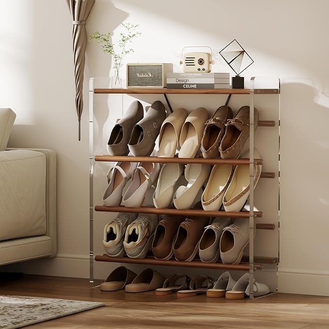 Free Standing Shoe Rack & Closet Shoe Shelf, for Entryway Small Space, Front Door, Garage, 4-Tier Slanted, Solid Wood & Acrylic Frame with Top Shelf Storage