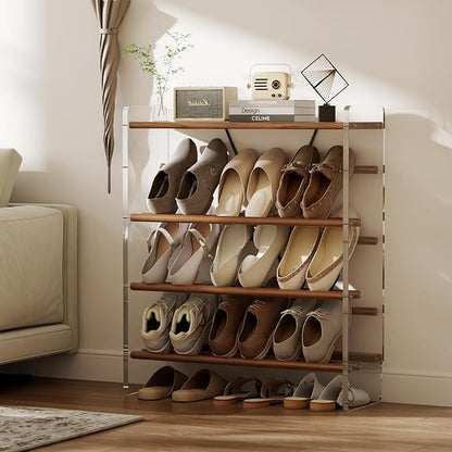 Free Standing Shoe Rack & Closet Shoe Shelf, for Entryway Small Space, Front Door, Garage, 4-Tier Slanted, Solid Wood & Acrylic Frame with Top Shelf Storage